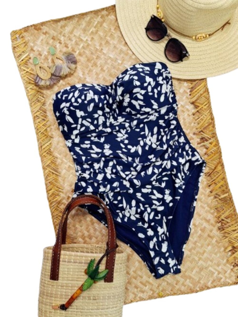 Navy Blue Floral Swimsuit One Piece Padded Push Up Sz M, Wave Zone